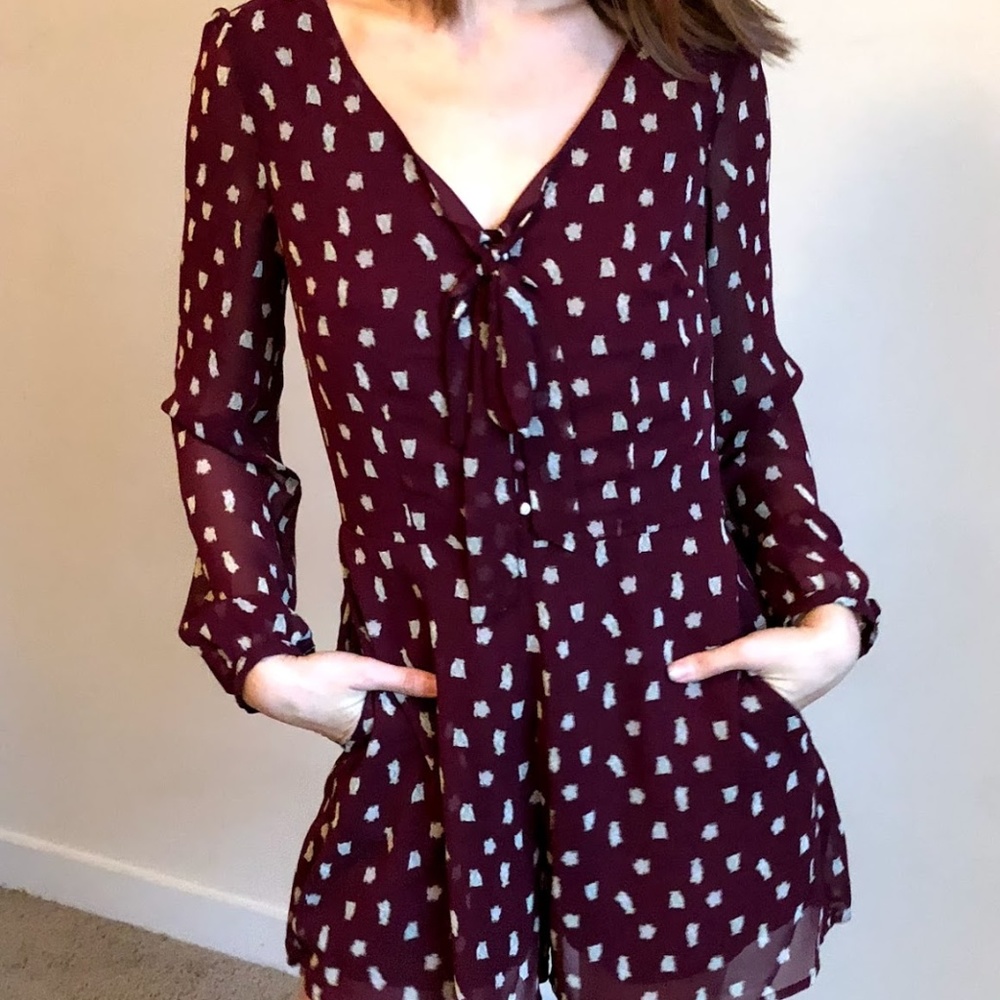 Maroon Owl Print Romper with Pockets